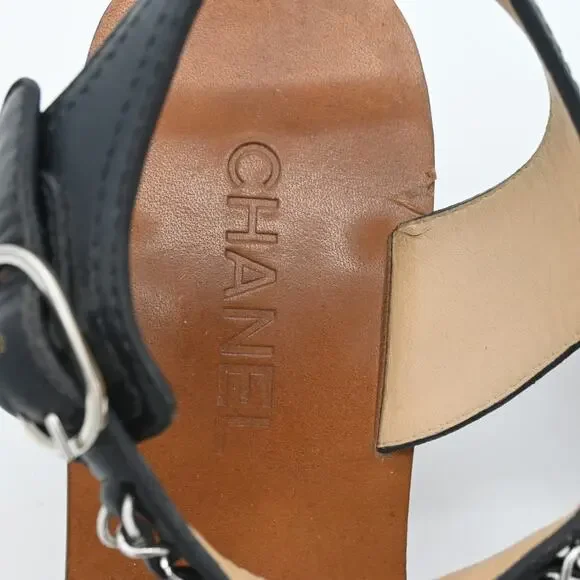 CHANEL Leather & Chain Strappy Heeled Sandals Size 40.5 - Picture 5 of 13